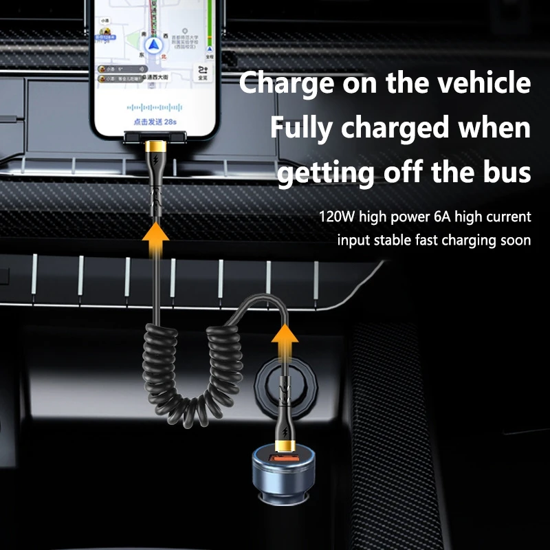 PD 120W Type C To Type C Cable 5A Fast Charge USB C Spring Car Charger Cable For iPhone 15 Series Xiaomi 12 Samsung S23 Macbook