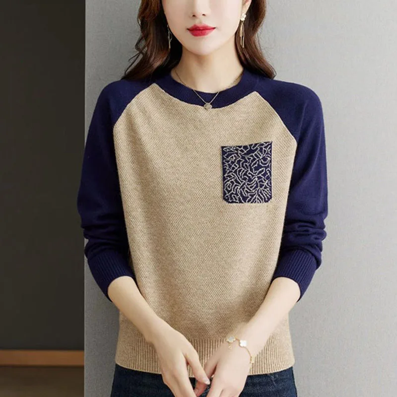 New Autumn Fashion Trend Colorblock Round Neck Loose Versatile Western Style Reducing Age Slimming Women\'s Sweater