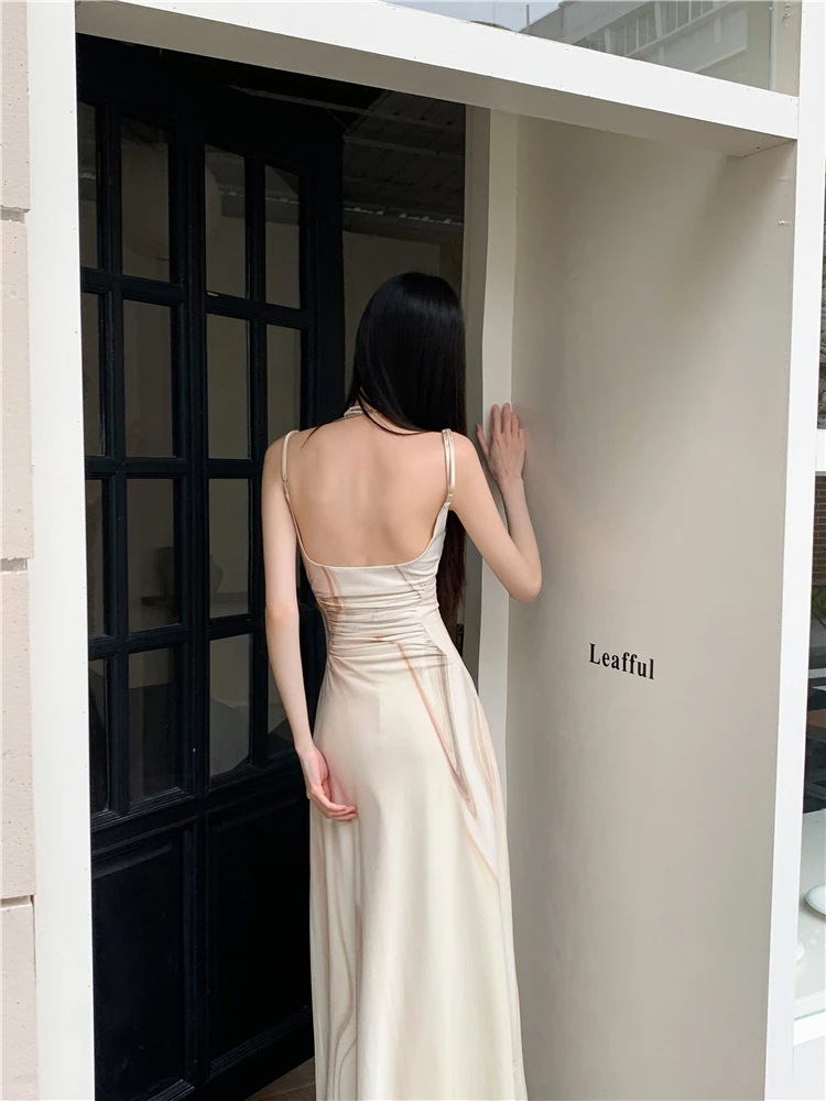 CHEERART Oil Painting Backless Mesh Long Slip Dress 2024 Women Summer Sundress Tunics A Line Maxi Dress Designer Clothes