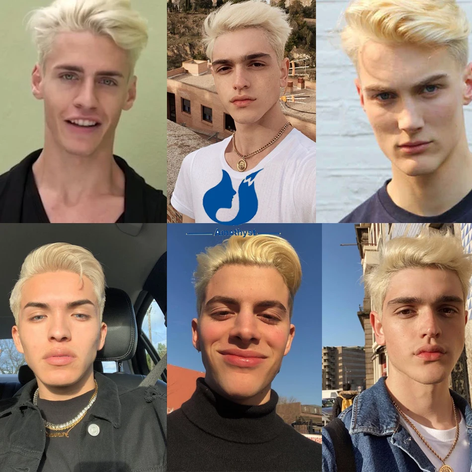 Amethyst Straight Full Lace Wig 613 Blonde Brazilian Remy Hair Pre-Plucked Short Bob Pixie Cut Shaved Boy Style for Men