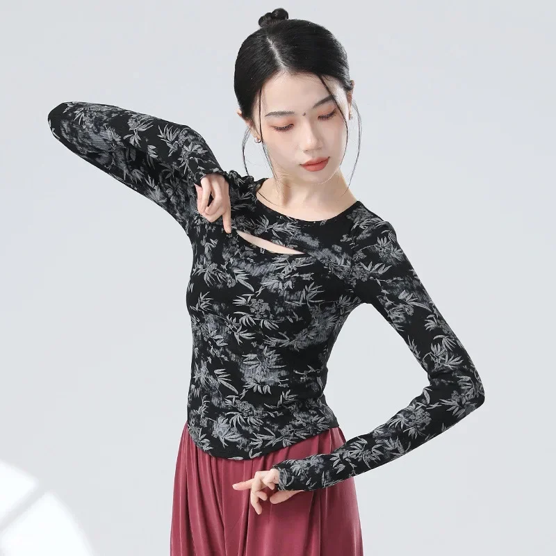 New Chinese Classical Dance Women Top 3D Bamboo Leaves Splashed With Ink Modern Dance Practice Hollow Out Long Sleeve Outfit