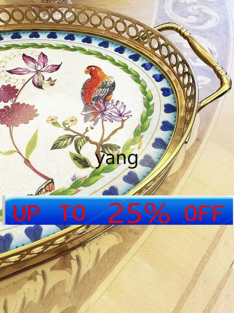 lmm  Idyllic Decoration Copper Edge Porcelain Plate Oval Tray Fruit Plate