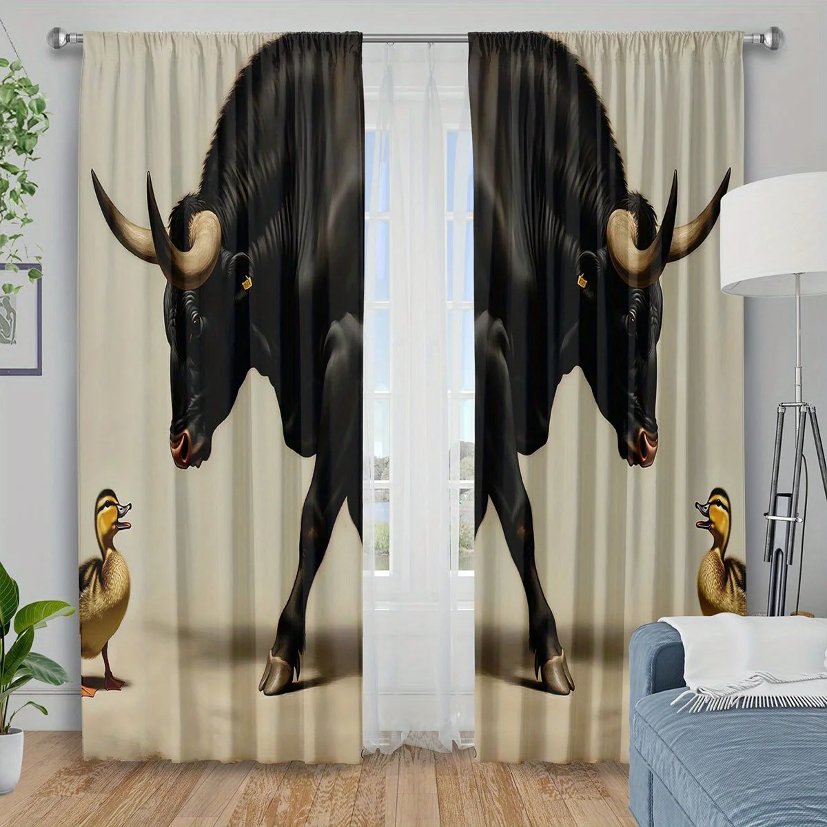 Funny Giant Bull and Duck Curtains, Surreal Animal Print Blackout Drapes for Living Room, Unique Farm Home Decor