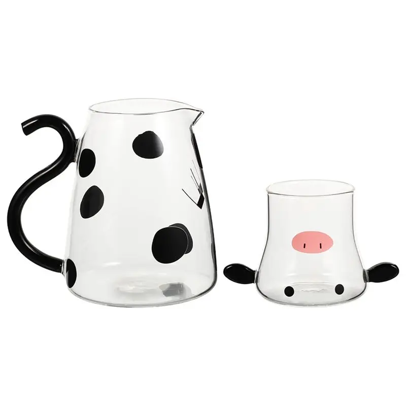 A93E-Flowering Teapot Milk Glass Cold Water Kettle With Handle Cartoon Cow Iced Beverage Bottle Lovely Cold Cup Kitchen Tools