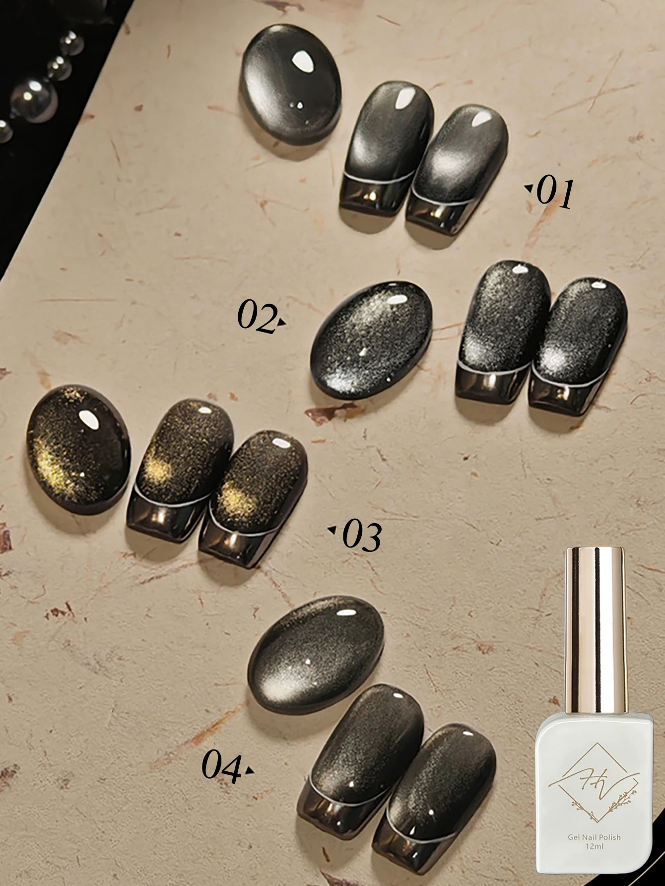 ZH 1-4PCS 2026 Fall/Winter Elegant High-End Brightening Dark Sparkling Black Pearl Black Gold Cat Eye Nail Gel Polish