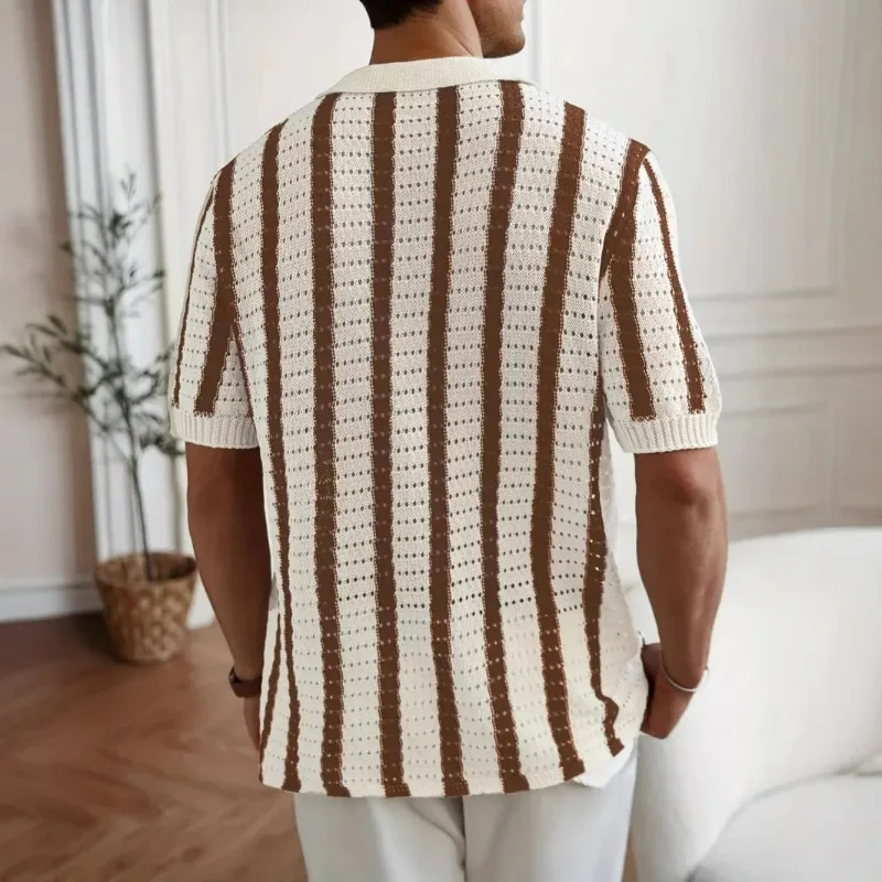 KIDWHXR Men Summer Polo-shirt Fashion Striped Hollow Knitted Male Top Thin Single-breasted Short Sleeve Casual Man T-shirt