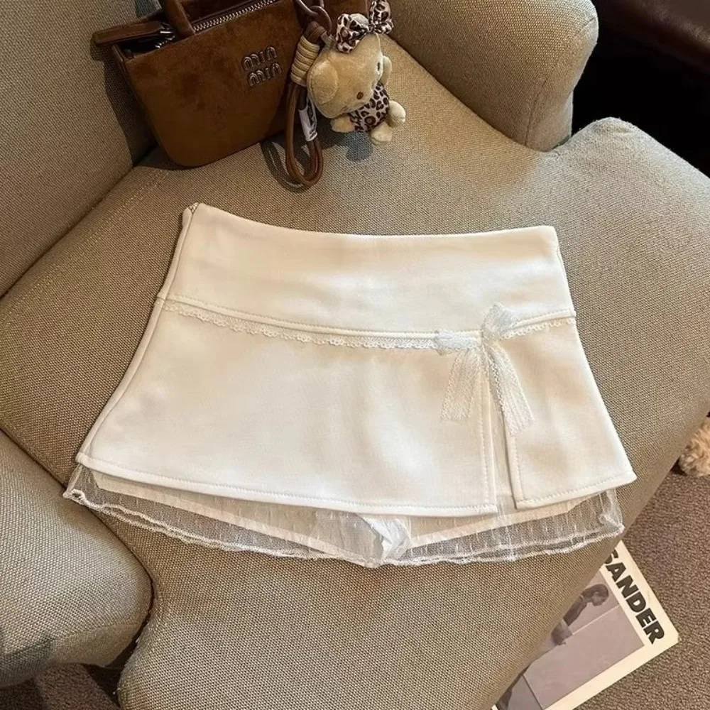 Fashion Sweet Bow Lace Women Skirts A-line Y2K Lace Mini Skirt Ultra Short High Waist Hugging Skirt Ruffles Skirt Summer