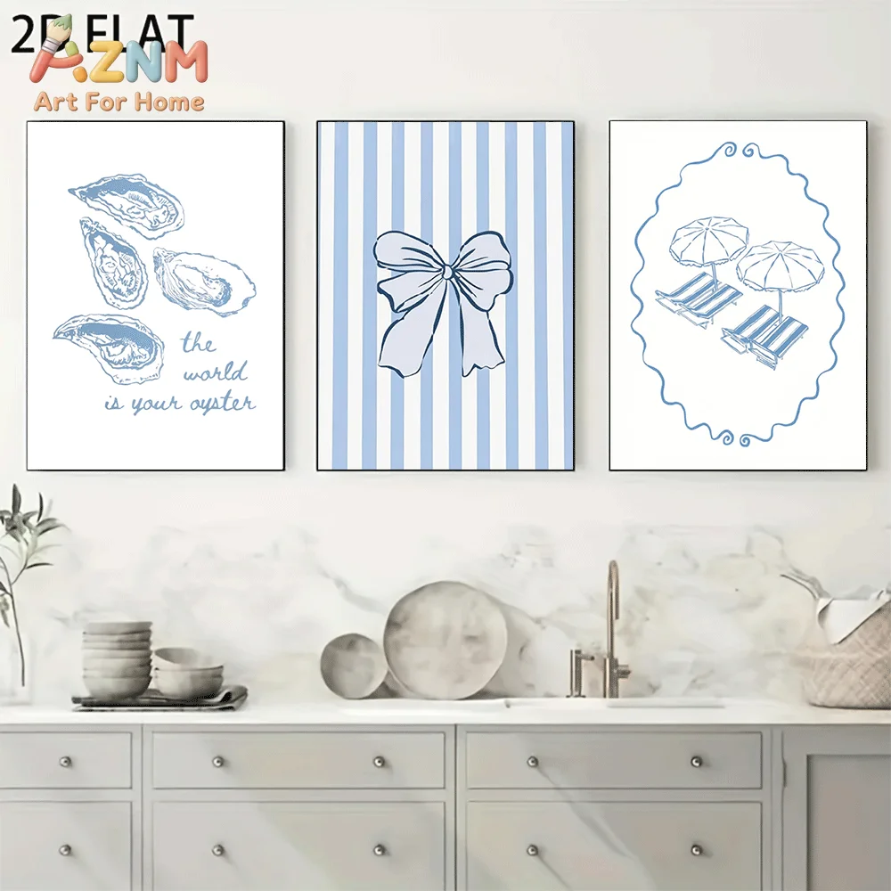 AZNM Coastal Coquette Canvas Wall Art, Oyster The World Is Your Oyster Blue Striped Bow Beach Lounge Chair Print Frameless Poste