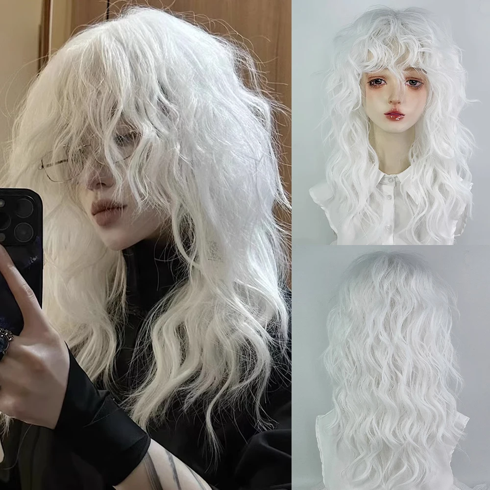 Long Wavy Curly White Synthetic Wig with Bangs Heat Resistant  Women Fluffy Lolita Cosplay Wig for Daily Party