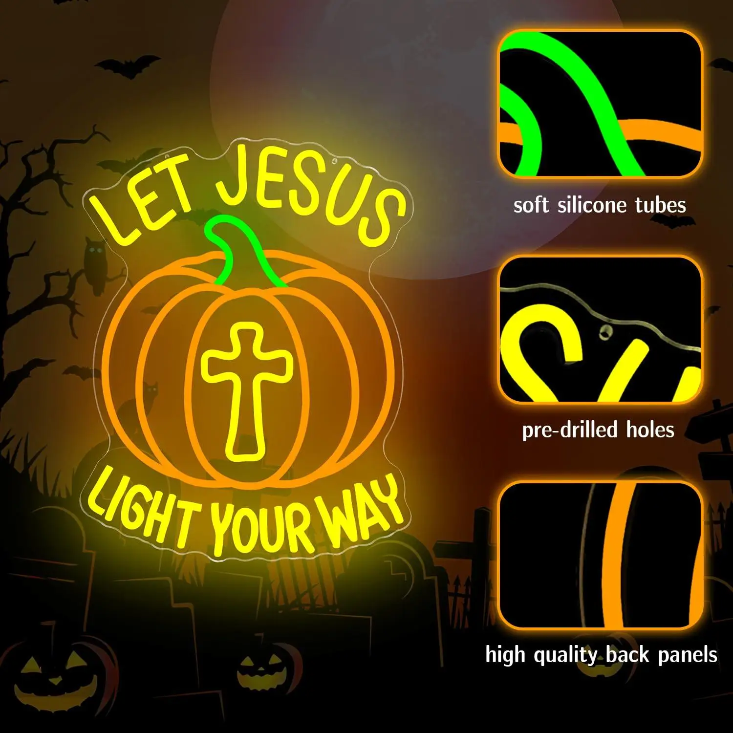 Let Jesus Light Your Way Neon Sign Christian Cross Pumpkin Led Light For Halloween Themed Room Chapel Dorm Party Holiday Display