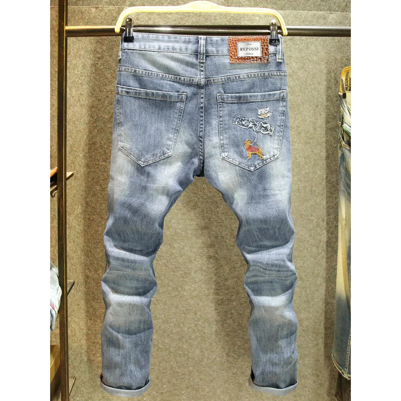 

High end embroidered jeans with back pocket, men's stretch slim fit, small feet, summer fashion, light luxury, trendy pants