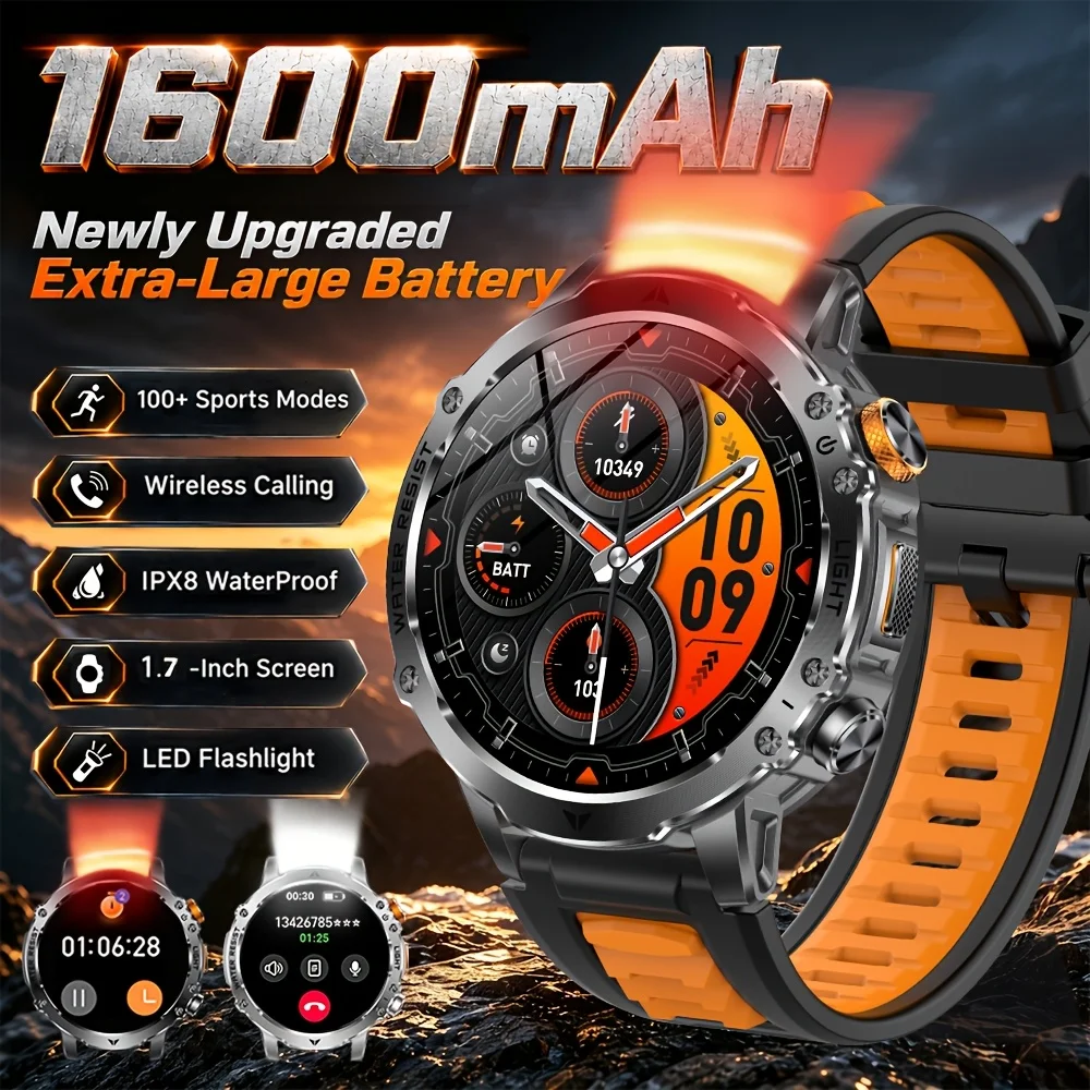 2026 New Outdoors Military 1600mAh Battery Smart Watch Men IP68 Waterproof LED Flashlight Heart Rate Sports Tracker Smartwatches