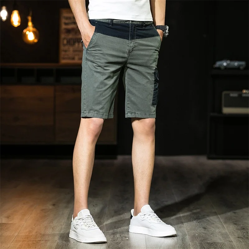 

New Cargo Shorts Men Knee Length Casual Shorts Patch Pocket Elastic Cotton Shorts Solid Color Patchwork Short Pants High Quality