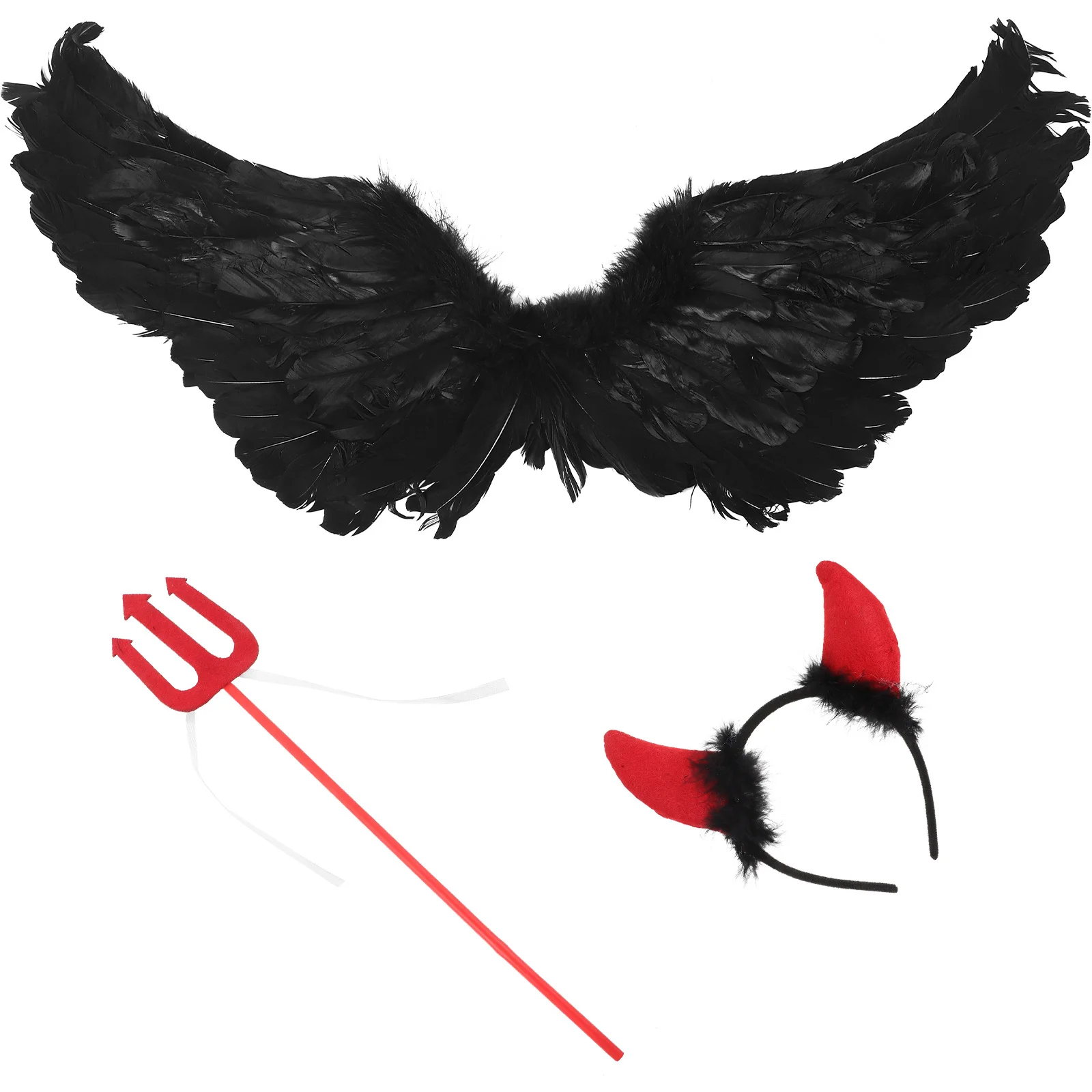 1Set für Kinder Halloween-Kostüm-Set mit Horn-Stirnband, Flügel, Kunststoffgabel, schwarze Kinderflügel für Halloween