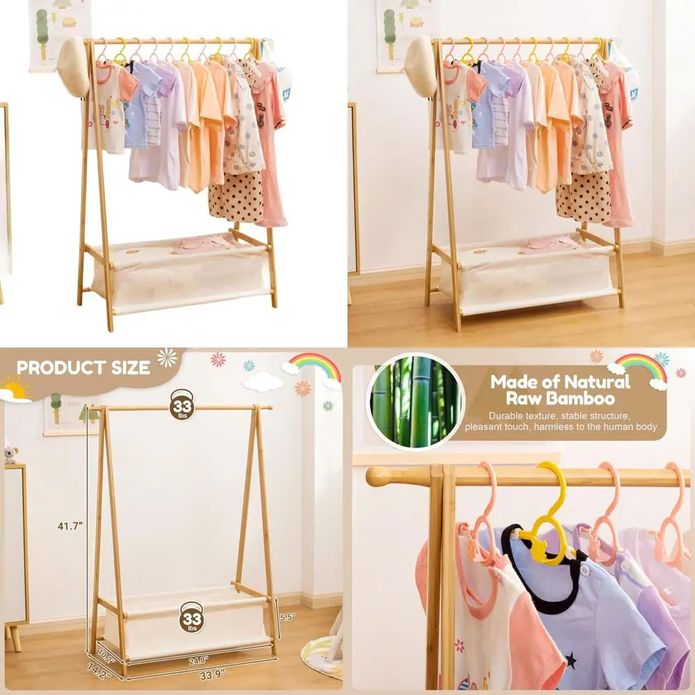

Kids Clothing Rack with Storage Box, Dress up Holder, Child Garment Stand with Hanging Rods, Small and Foldable, Bamboo (Natural