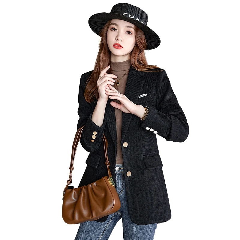 Woman Fashion Casual Vintage Solid Color Chic Elegant Classic Single Breasted Temperament Simple Woolen Blazer Tops Coat Korean