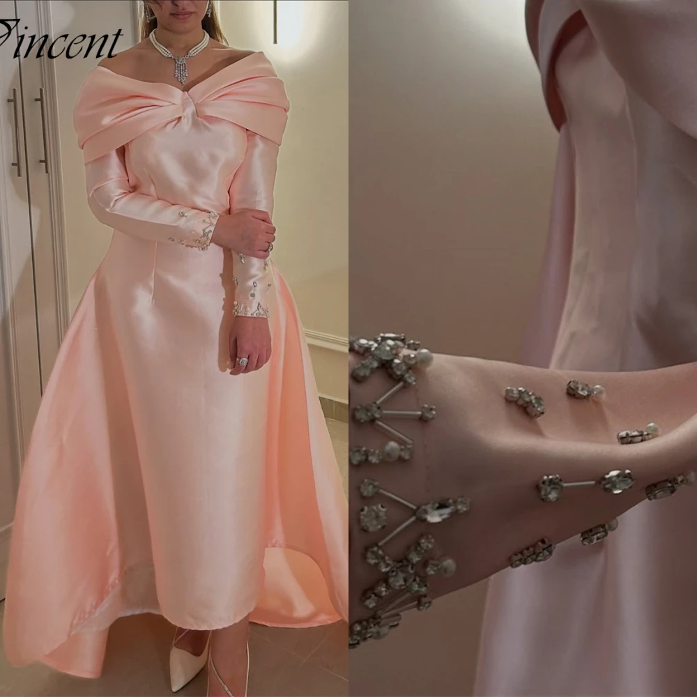 

Customized Exquisite Off the Shoulder Crystal Evening Dresses Elegant Strapless Long Sleeves Party Dress Classic Satin Prom Gown