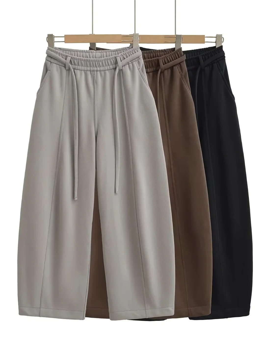 하이웨이스트 와이드 레그 캐주얼 팬츠 여성용 안감 있는 신축성 있는 아메리칸 스타일 패치워크 가을 겨울 루즈핏 바지