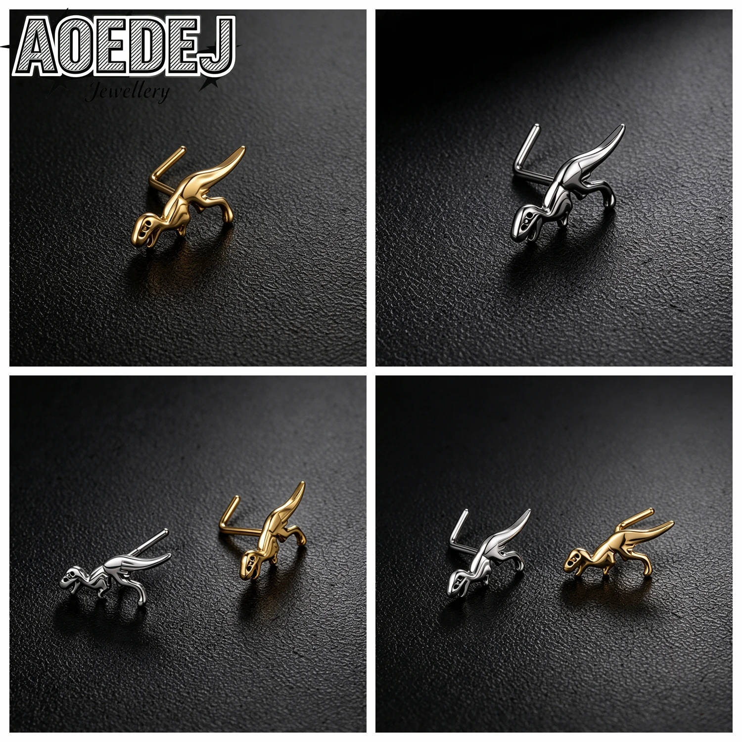 AOEDEJ 20G 1 PC-5pcs/lot Stainless Steel Nose Stud Women Men Nose Piercing Unique Dragon Dinosaur L Shape Nostril Body Piercings