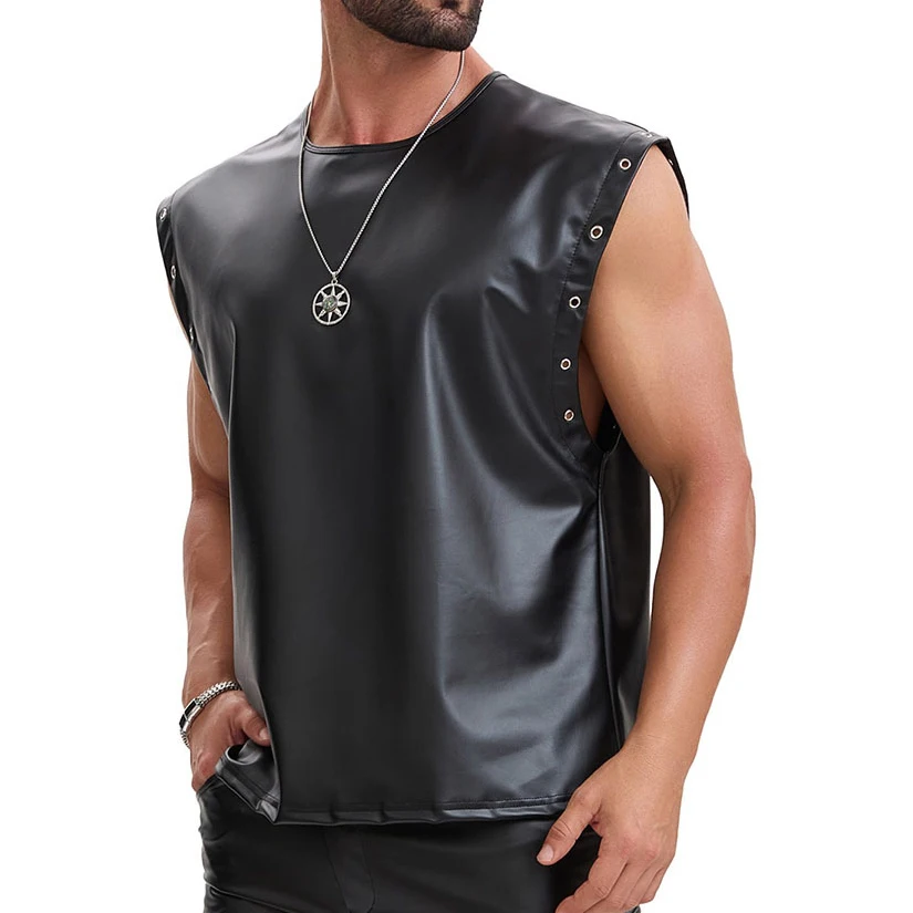 Men's Sleeveless Tank Tops Faux Leather Loose Punk Motorcycle Biker Streetwear Nightclub Stylish Metal Eyelet Rivet Trim Vests