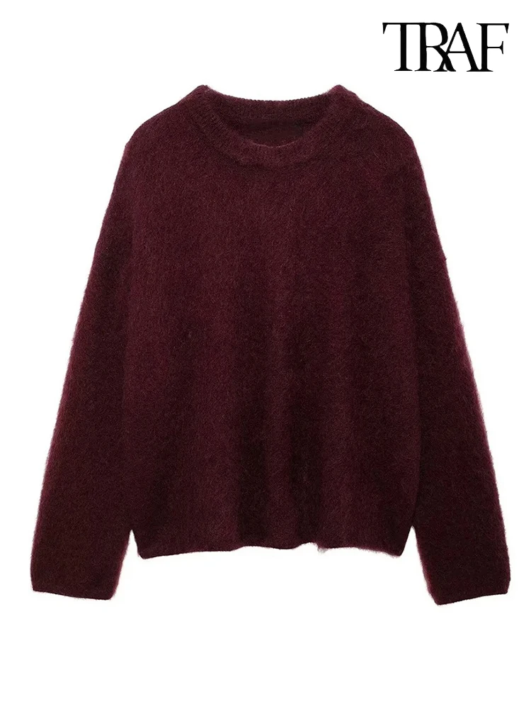 

TRAF Women's Fashion Fall Vintage Burgundy Knit Crew Neck Basic Pullover Casual Loose Long Sleeve Sweater Simple Chic Commuter