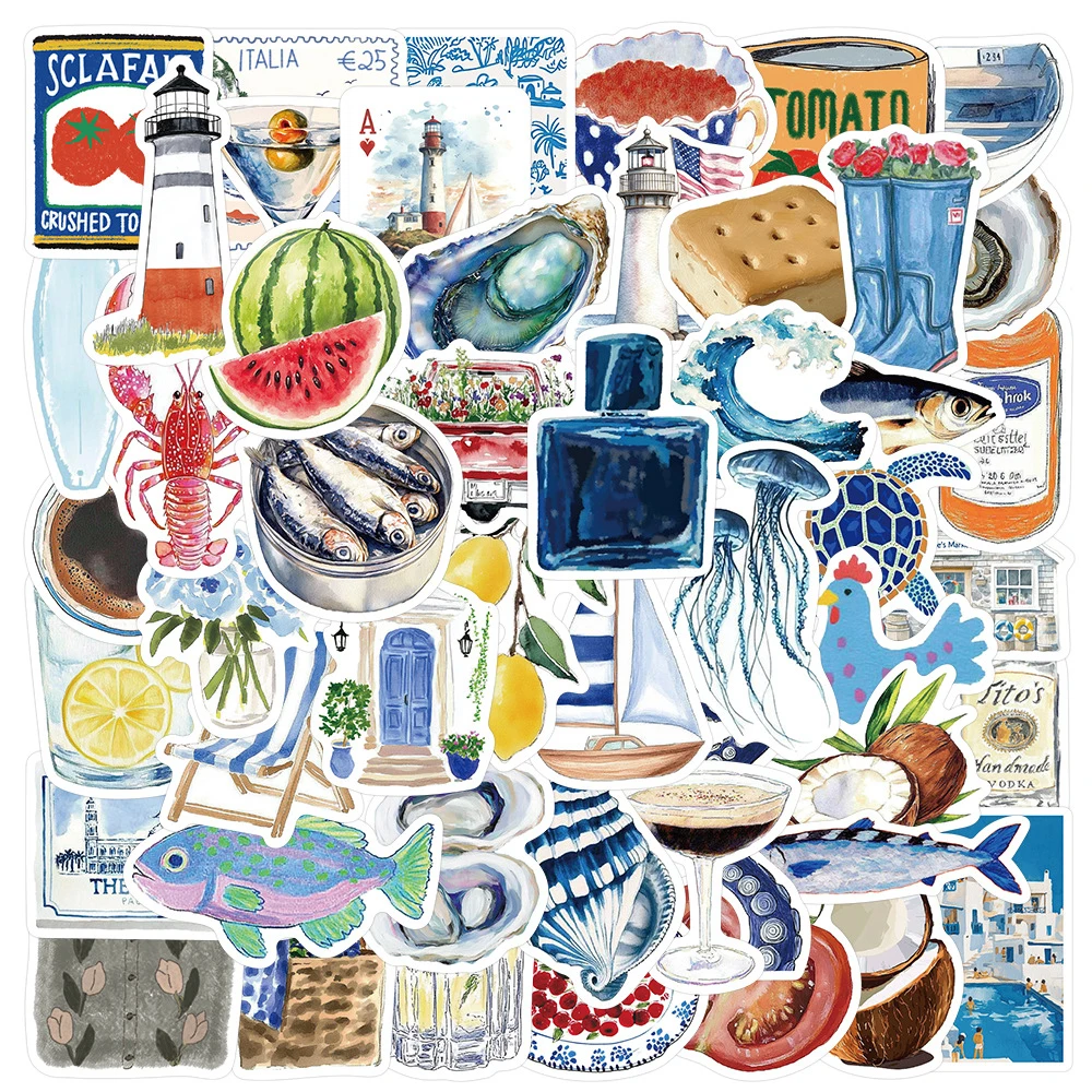 10/30/50 Uds pegatinas estéticas mediterráneas azules de dibujos animados arte de acuarela Retro pegatina de Graffiti guitarra nevera teléfono calcomanías para diario