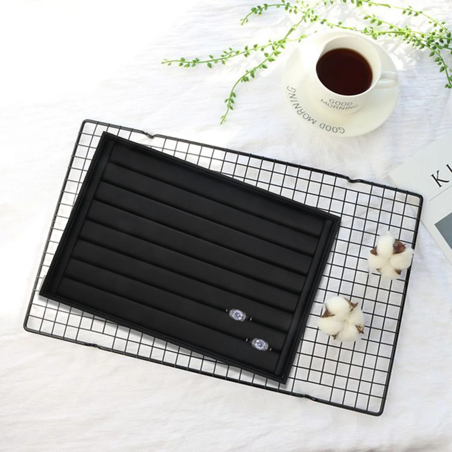

Black Leather Necklace/Ring/Bracelet/Pendant/Loose Bead Hand Catenary Showcase Earring Storage Jewelry Display Tray Black Large