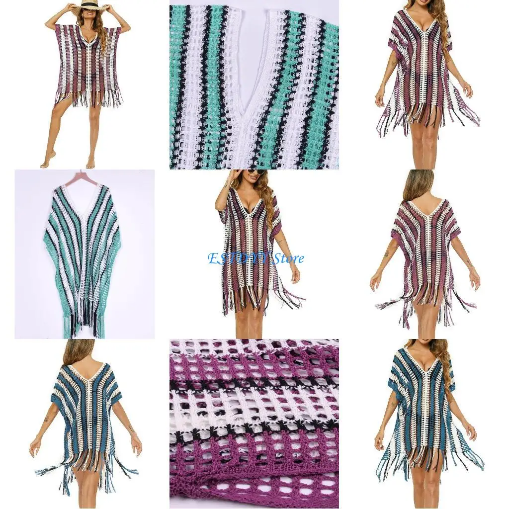 

G6DE Elegant Tassel V Neck Bikinis Cover Up for Sun for Protection Beach Dress Beach Cover Up Dress Summer Dress Gift for Wom