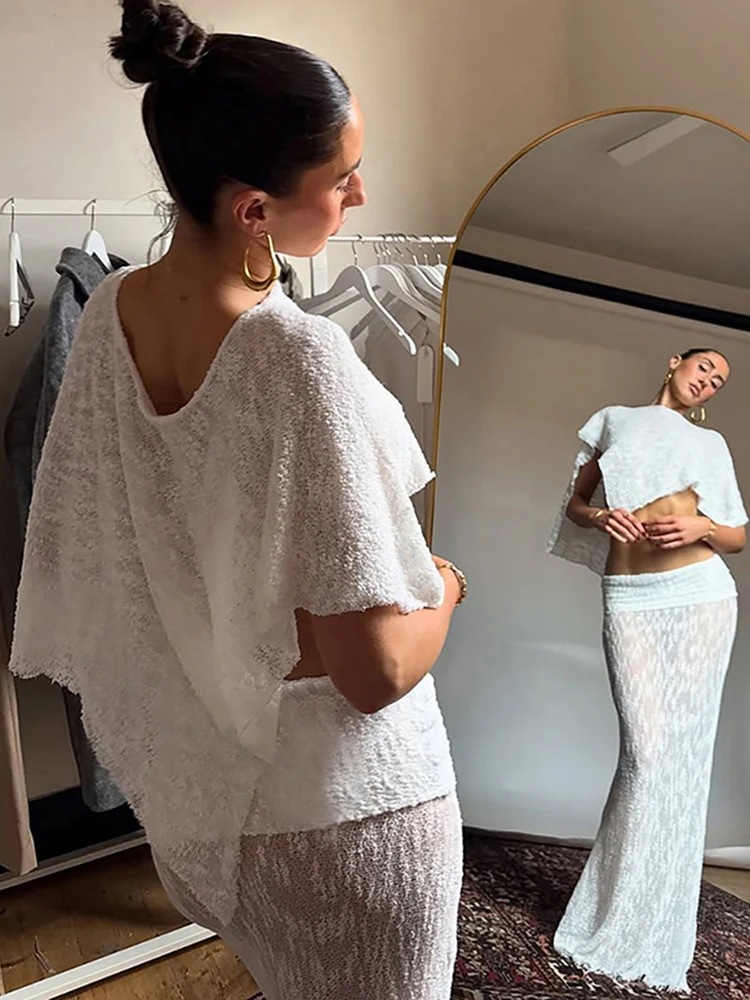 Zestaw 2-częściowy Whatiwear Fashion dla kobiet: asymetryczny top z odkrytym ramieniem i nieregularnym dołem + spódnica z elastyczną talią, prześwitujący, elegancki strój na imprezę