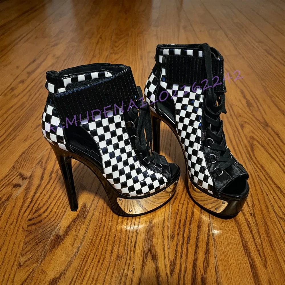 Women Open Toe Ankle Boots Platform Stiletto High Heels Lace Up Checkerboard Pattern Chunky Sole Party Shoes Statement Footwear