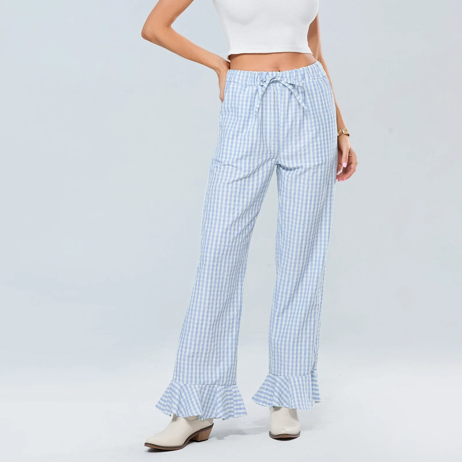 

Thorn Tree Women Aesthetic Plaid Print Rufles Flare Pants Drawstring Gingham Loose Fit Long Trouser Bell-Bottoms Streetwear 2024