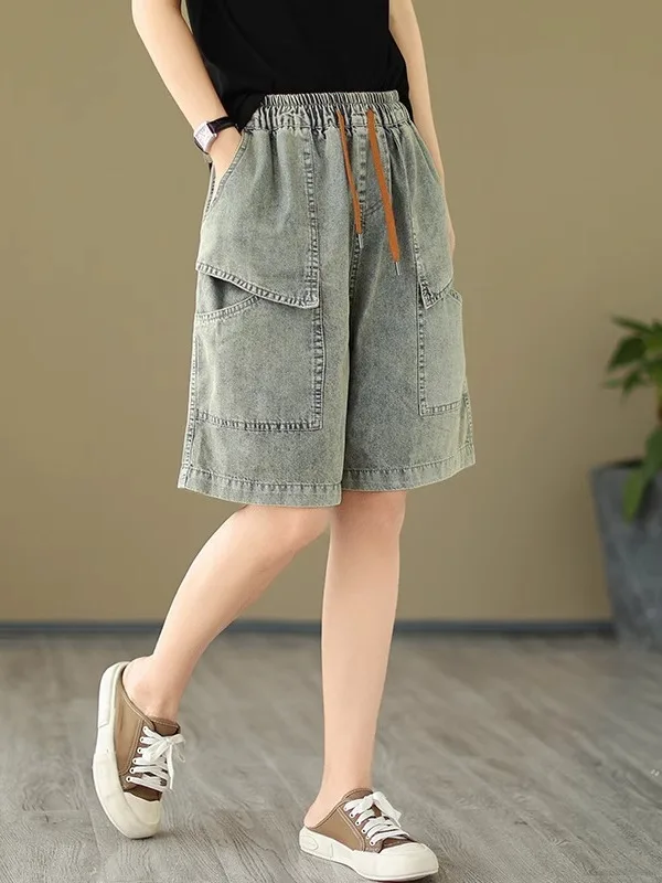 

High Waist Wide Leg ort Jeans Loose Fit Summer Thin Sle Versatile Slimming Denim orts Women's plus Size Five-Quarter Le...