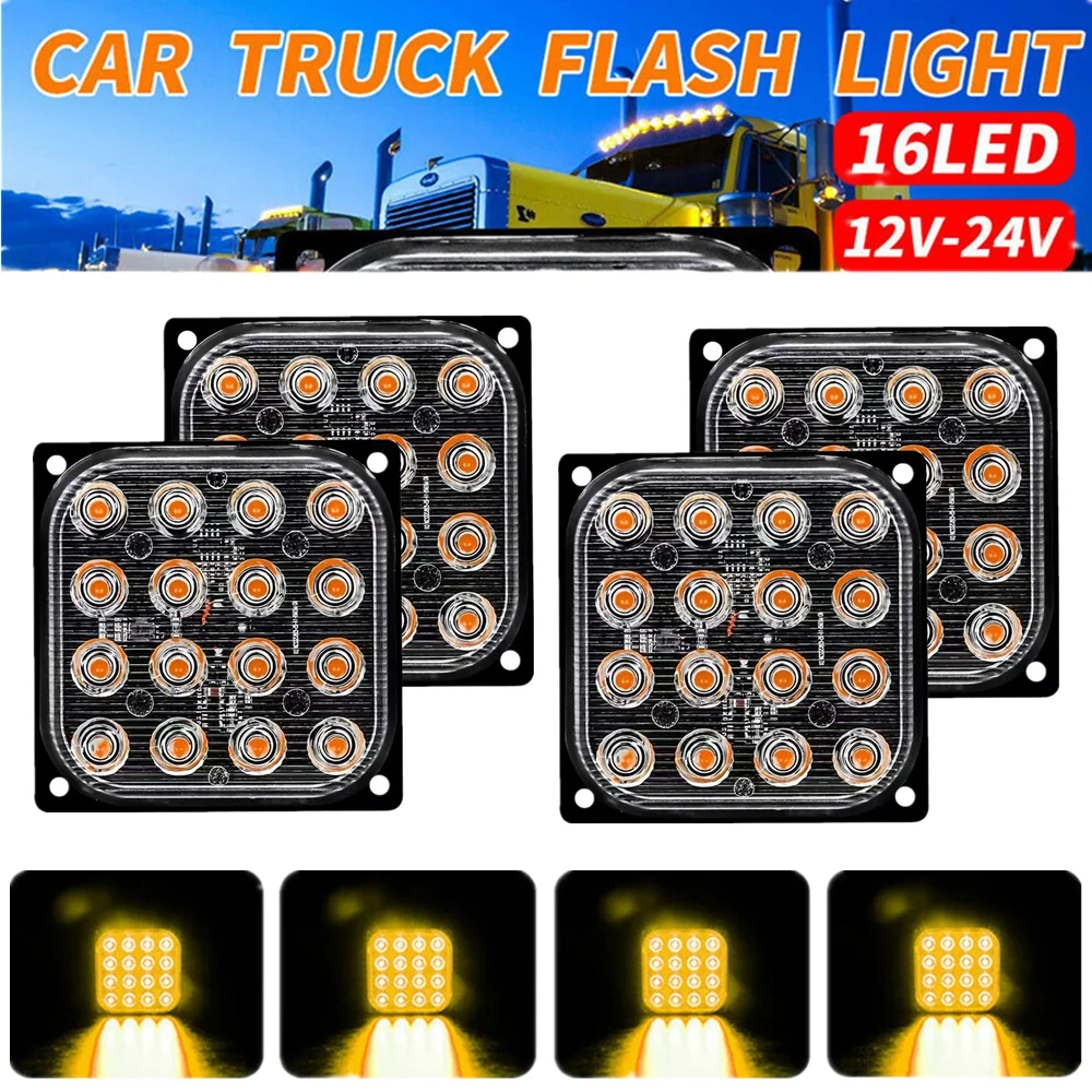 4PCS 16LED Strobe Warning Light Truck 12V 24V Grille Flashing Car Beacon Lamp Traffic Side Maker Lights for Car