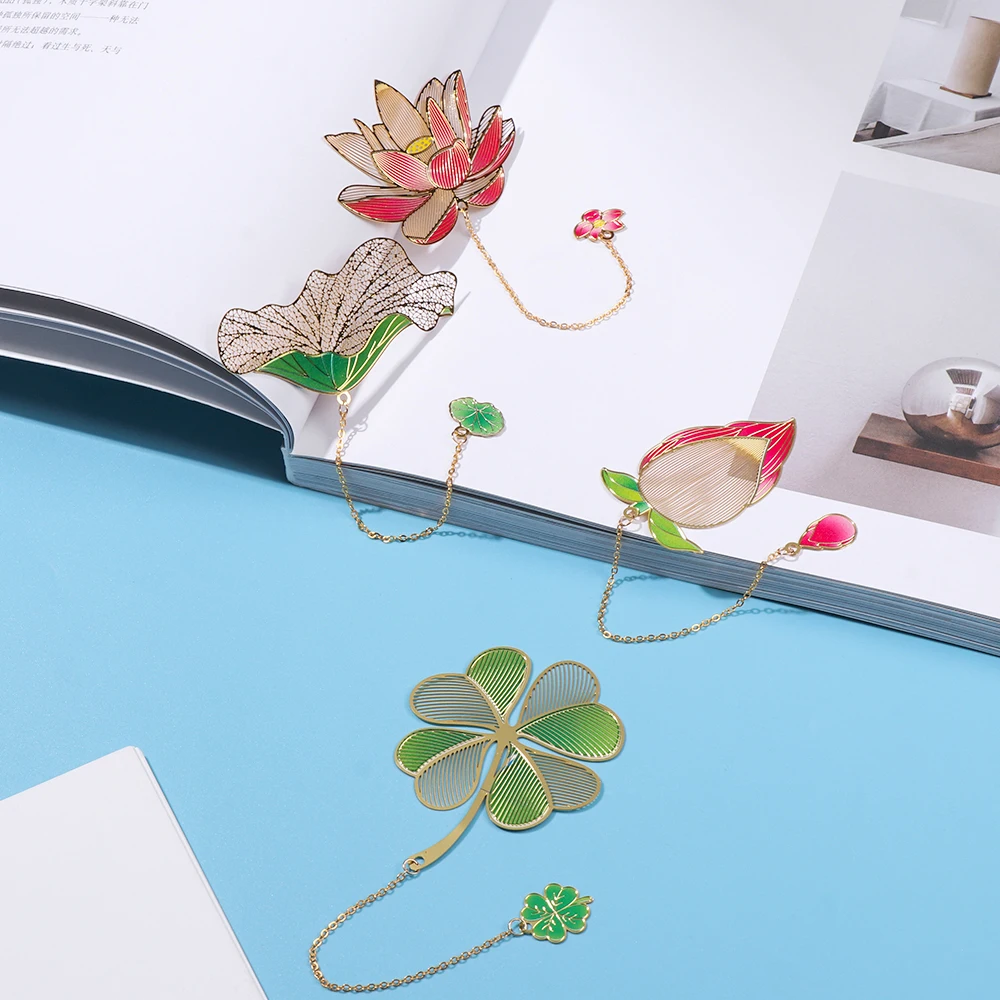 New Lotus Leaf Tassel Metal Chinese Style Pendant Pagination Mark Brass Bookmark Book Clip Painted