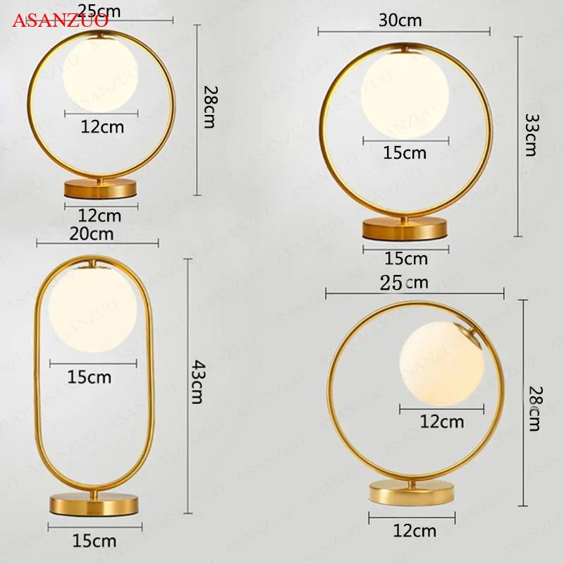 Brass LED Table Lamps galss lighting fixtures Bedside Reading Desk Lamp Bedroom Hotel Home Decor Round Ring Standing lamp