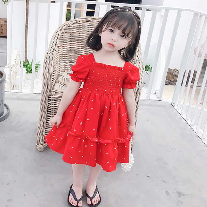 Summer 2024 Girls\' Fashion Baita Red Sweet Print Irregular White Dot Short sleeved Skirt/Chiffon Dress 1-6 Years Old