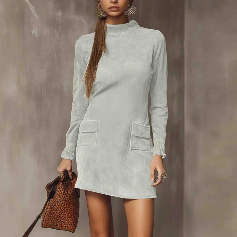 Femmes élégantes à manches longues robe de soirée col rond conception de poche Faux daim Mini robe femmes automne hiver mince robes de soirée