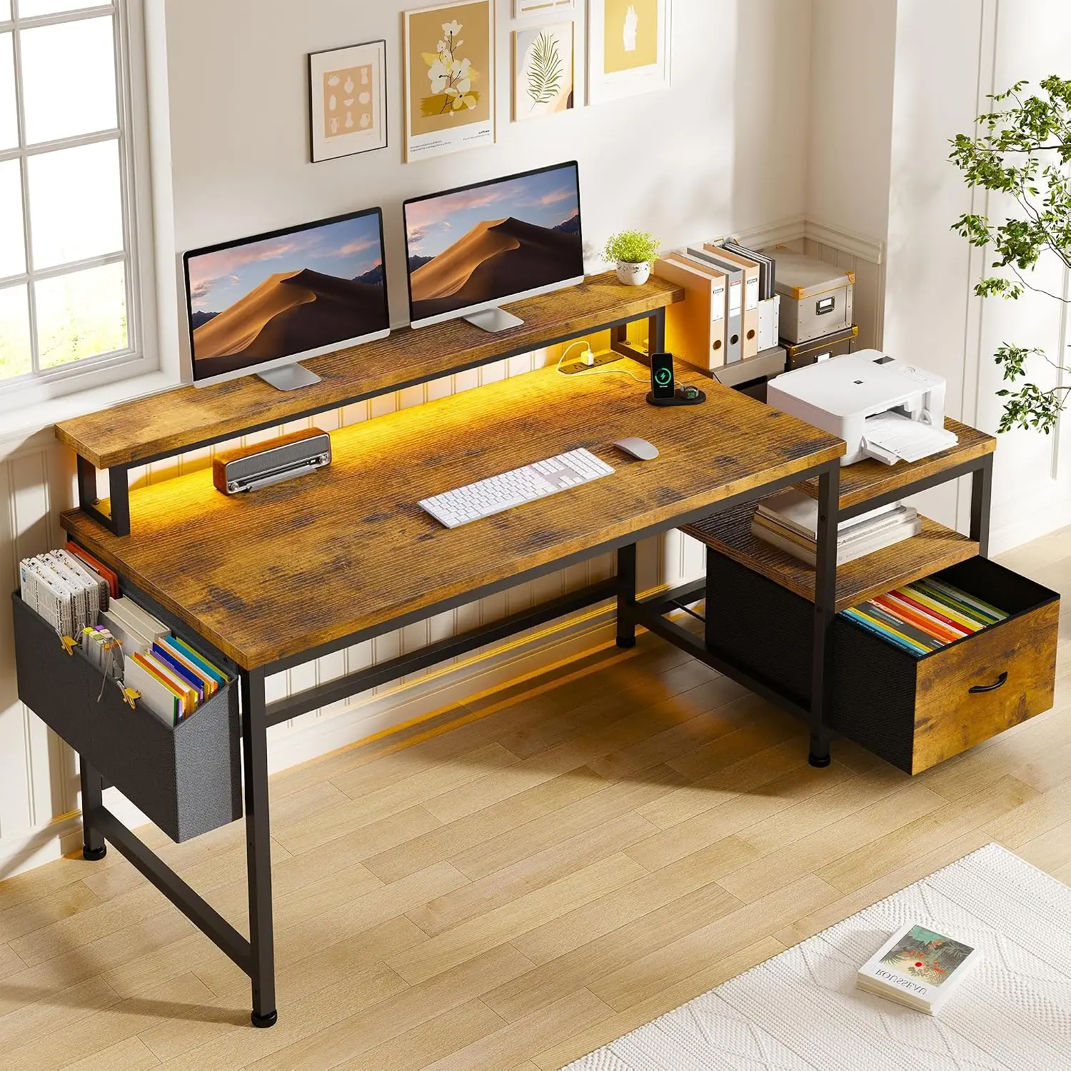 Office Desk With Drawers, 3 AC & 2 USB Ports, 40x7 Monitor Stand, Side Pockets, Home Office, Brown, Customized