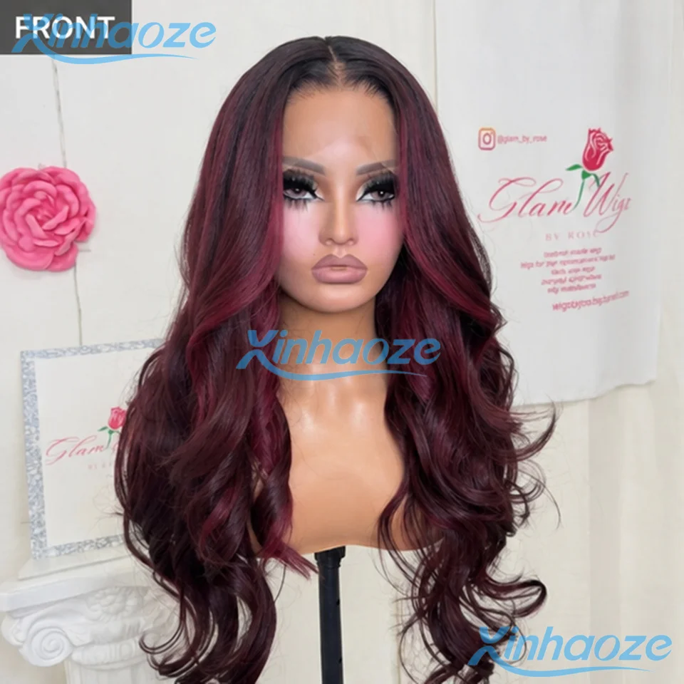 

Black Rooted Highlight Burgundy Natural Wavy Human Hair Glueless 13x4/360/Full Lace Wigs Pre Plucked Wine Red 5x5 Silk Top Wigs