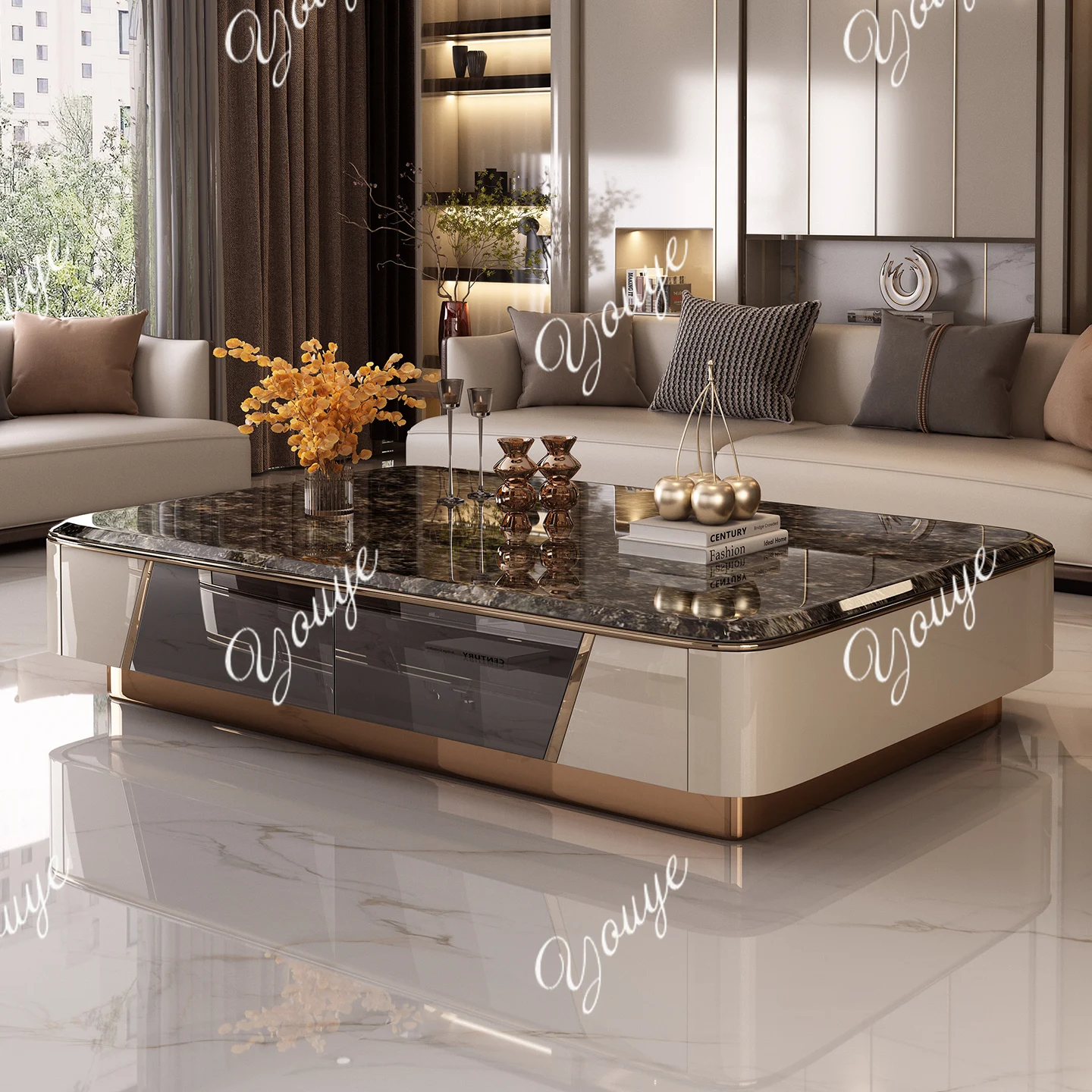New microcrystalline stone coffee table high-end solid wood light luxury living room tea table home paint cabinet