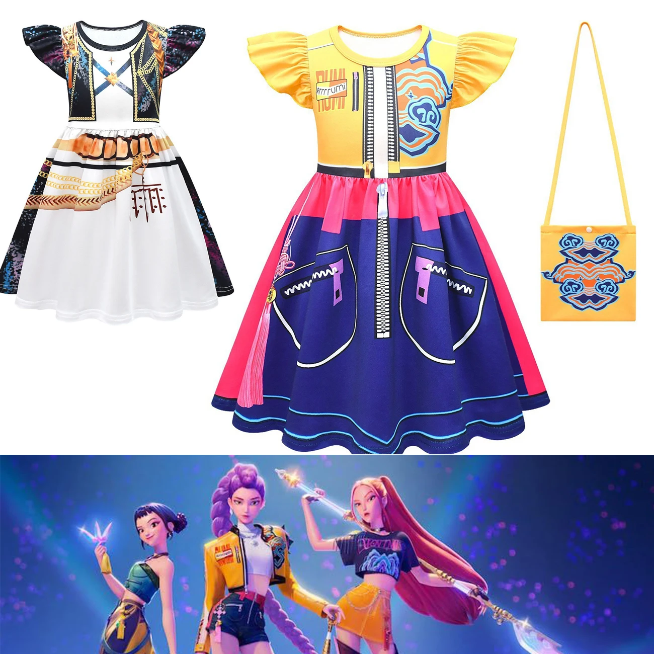 

2025 Movie K-Pop Demon Hunters Cosplay Costume Kids Halloween Mira Rumi Zoey 3D Printed Pattern Clothes Children Girl Dress