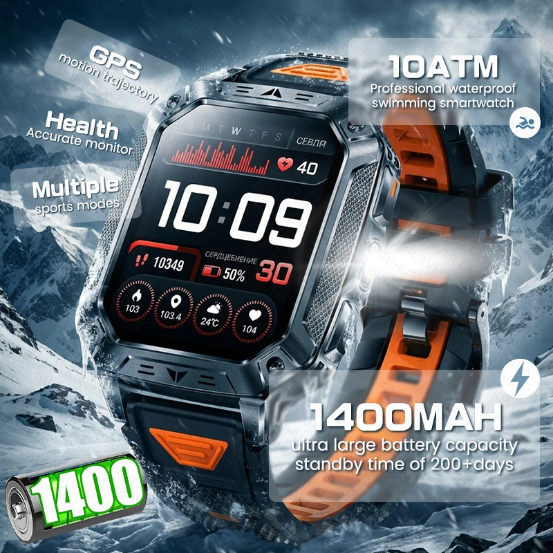 

New Military Outdoor 1400mAh Battery Smart Watch GPS 10ATM Waterproof Bluetooth Call SOS Dual Flash Flashlight Men Smartwatches