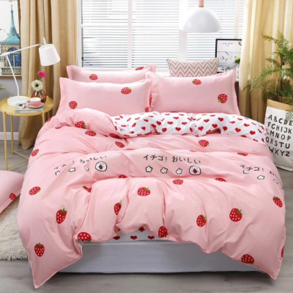 Strawberry Pink Plaid Double Sided Comforter Bedding Set King Queen Full Single Size Bed Linen Duvet Cover Sheet Pillowcase