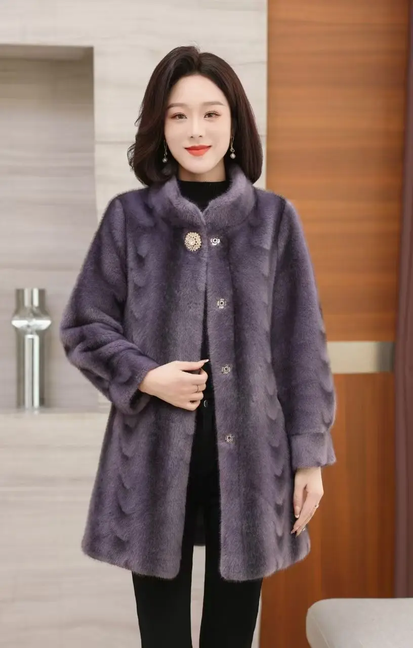 Winter Mid Long Mink Fur Coat New Middle-aged Women Clothing Thick Sheep Shearing Female Imitate Fur Coat Outerwear Overcoat