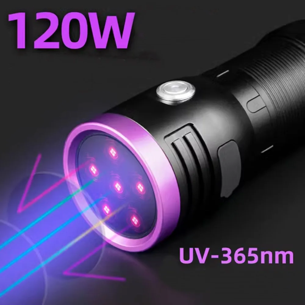 120W 6x Led 365nm High power UV Flashlight USB Charging Black light Curing Money Ore Scorpion Pet Stains Cat Tinea Marker Torch