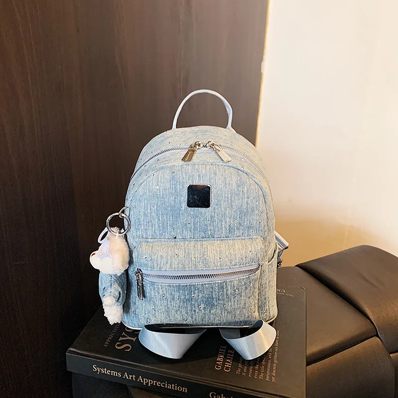 Korean Style Retro Denim Backpack New Personalized Rivet Women Mini Backpack Versatile Preppy Style Commuting Backpack
