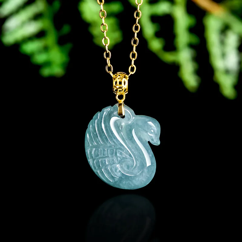 

Luxury Handmade A-Grade Hetian Jade Swan Pendant, 18K Gold Inlaid Icy Jade Necklace for Women, Elegant Fashion Jewelry Set