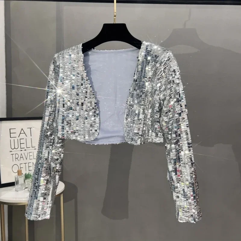Women's European and American Heavy Industry Sequined Cardigan Casual Short Sparkling Stage Style Performance Jacket Top