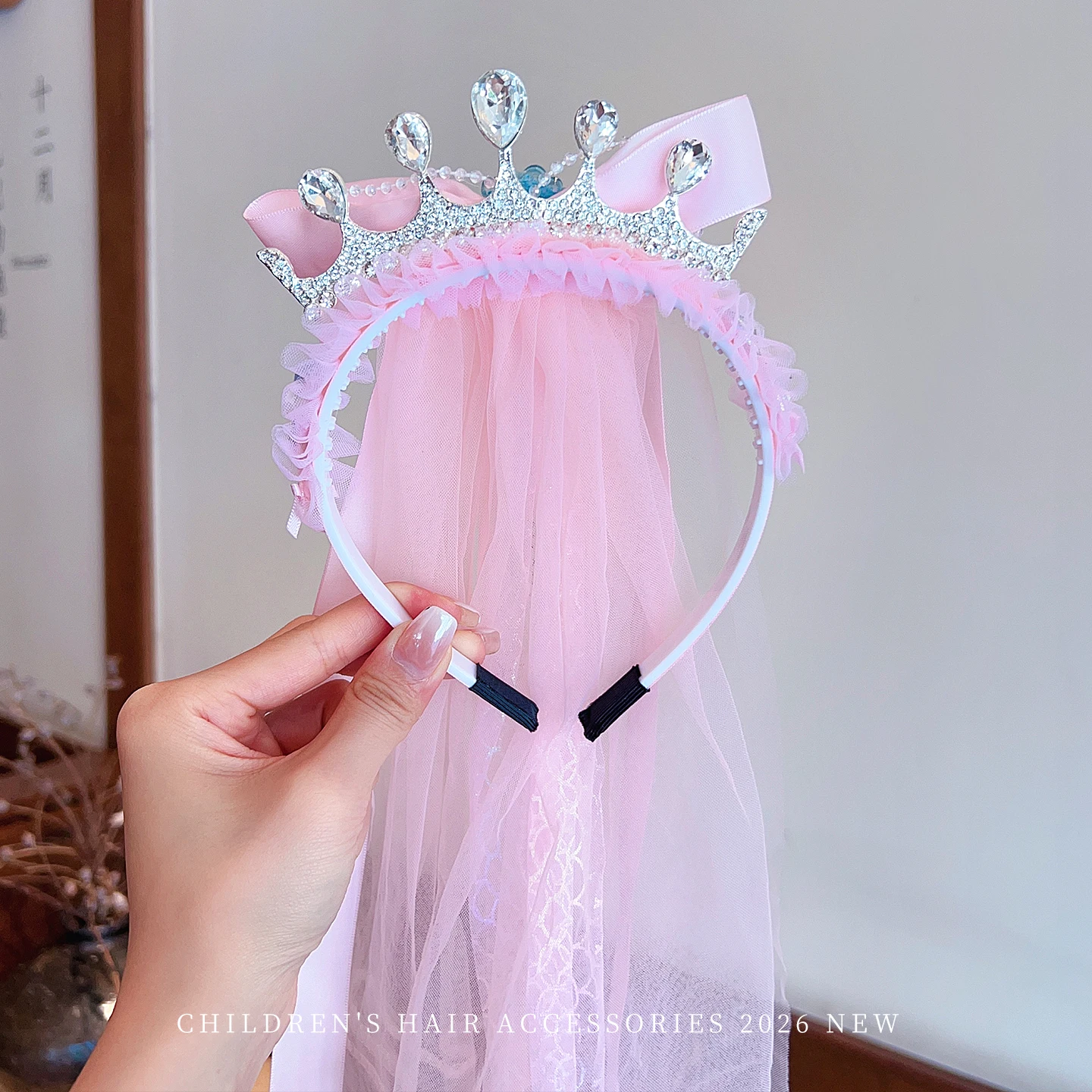 New Kids Princess Crown Headband Mermaid Tail Rhinestone Tiara Long Ribbon Streamer Tulle Veil No Hurt Hair Hoop for Toddler view 2