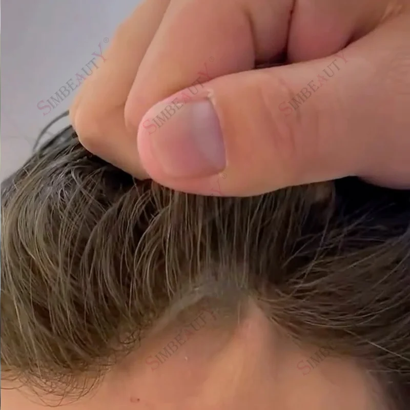 

80%Density Natural 0.02mm Vloop Super Thin Skin Base Men's Wigs Invisible Hairline Light Blonde Grey 565# Old Men Toupee Human H